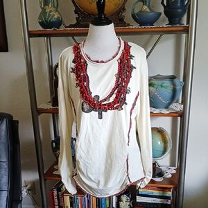 Double D Ranch White And Red Embellished Long Sleeve Blouse Size LX